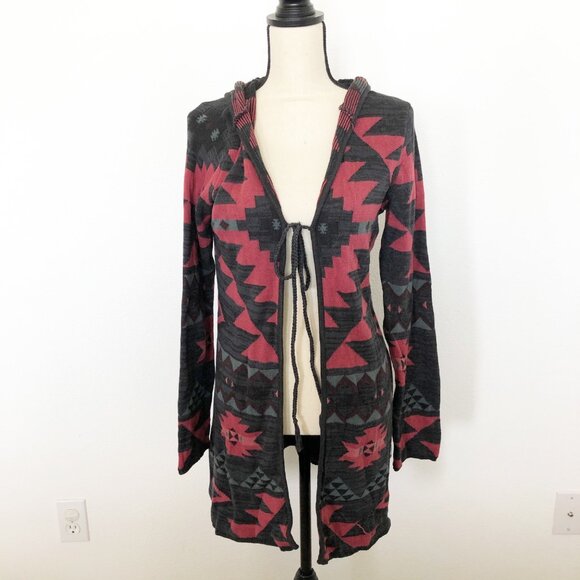 NORTH RIVER OUTFITTERS Gray Red Tribal Hooded Knit Cardigan Womens Small - Picture 1 of 11